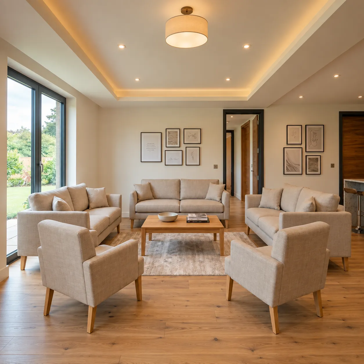 Marchetti beige sofas and matching armchairs with tapered wood-tone legs