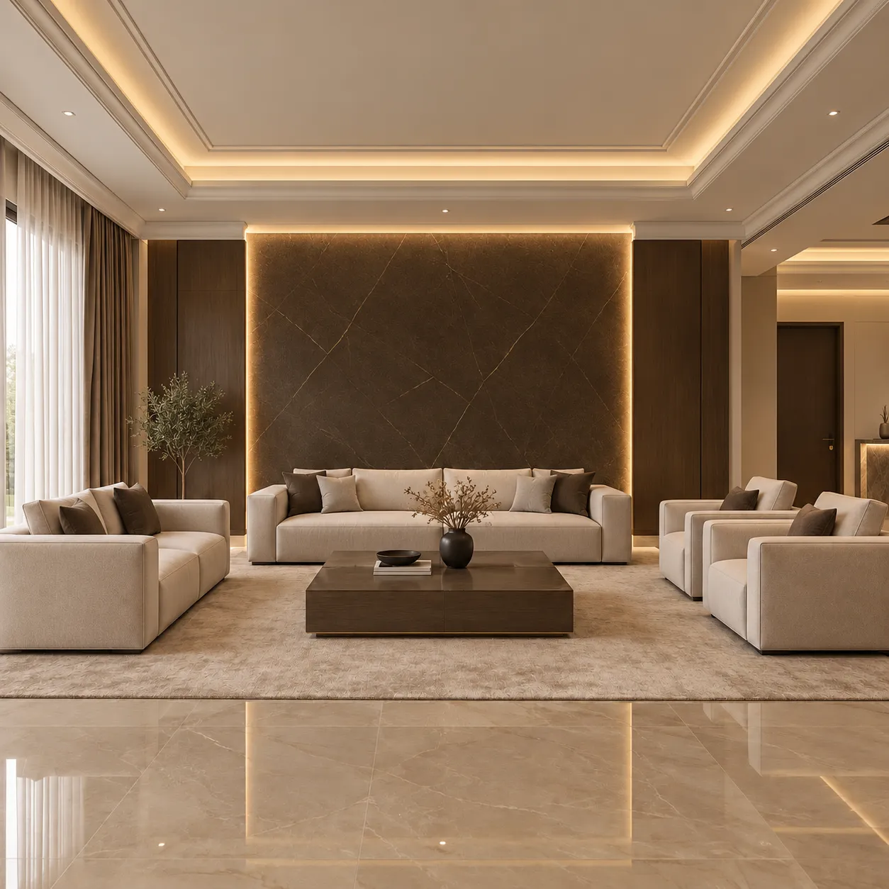 Ivory sofas and matching square-arm chairs arranged around a dark rectangular coffee table