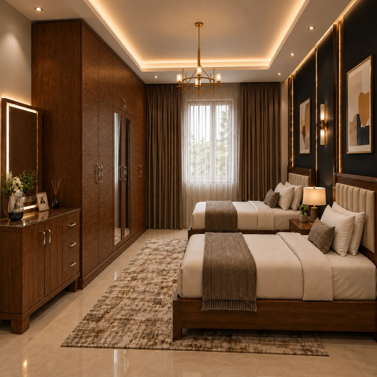 Twin bedroom with two padded-headboard beds, a tall wood-tone wardrobe and matching dresser