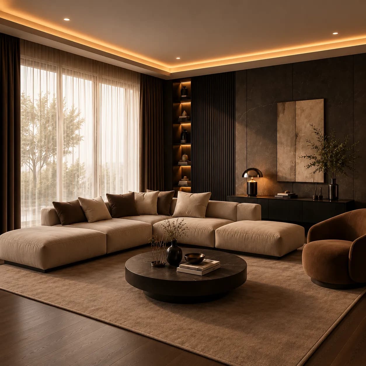 Como low-profile beige sectional sofa with broad seats in a contemporary living room