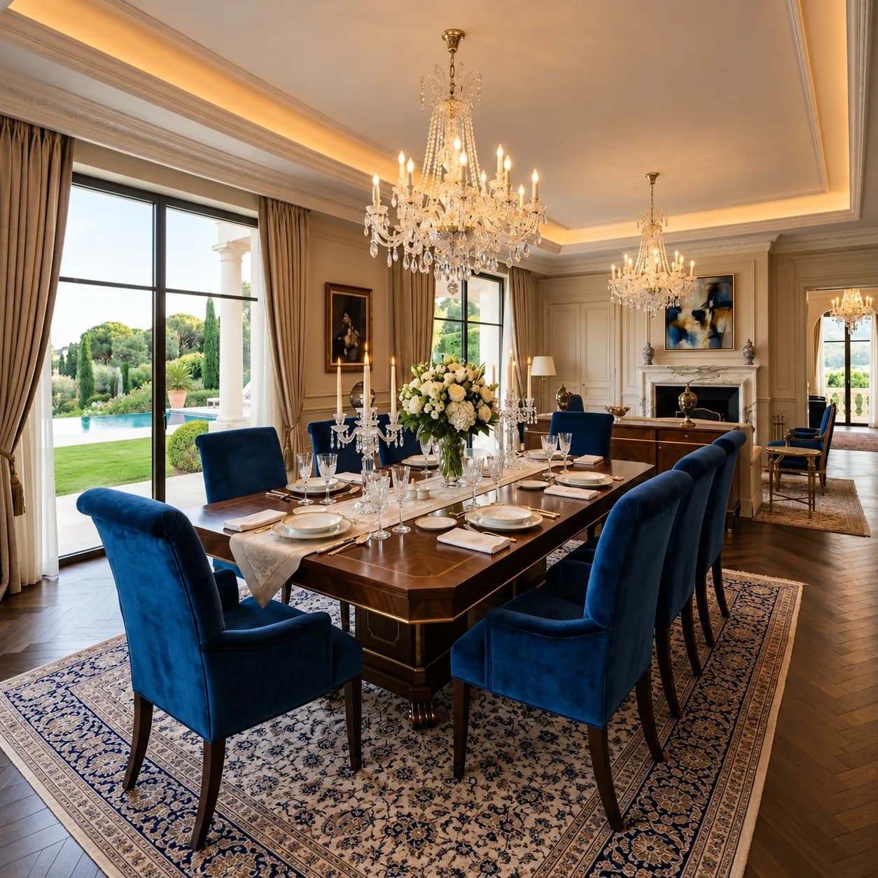 Milano dining room with a dark rectangular table and deep blue upholstered chairs