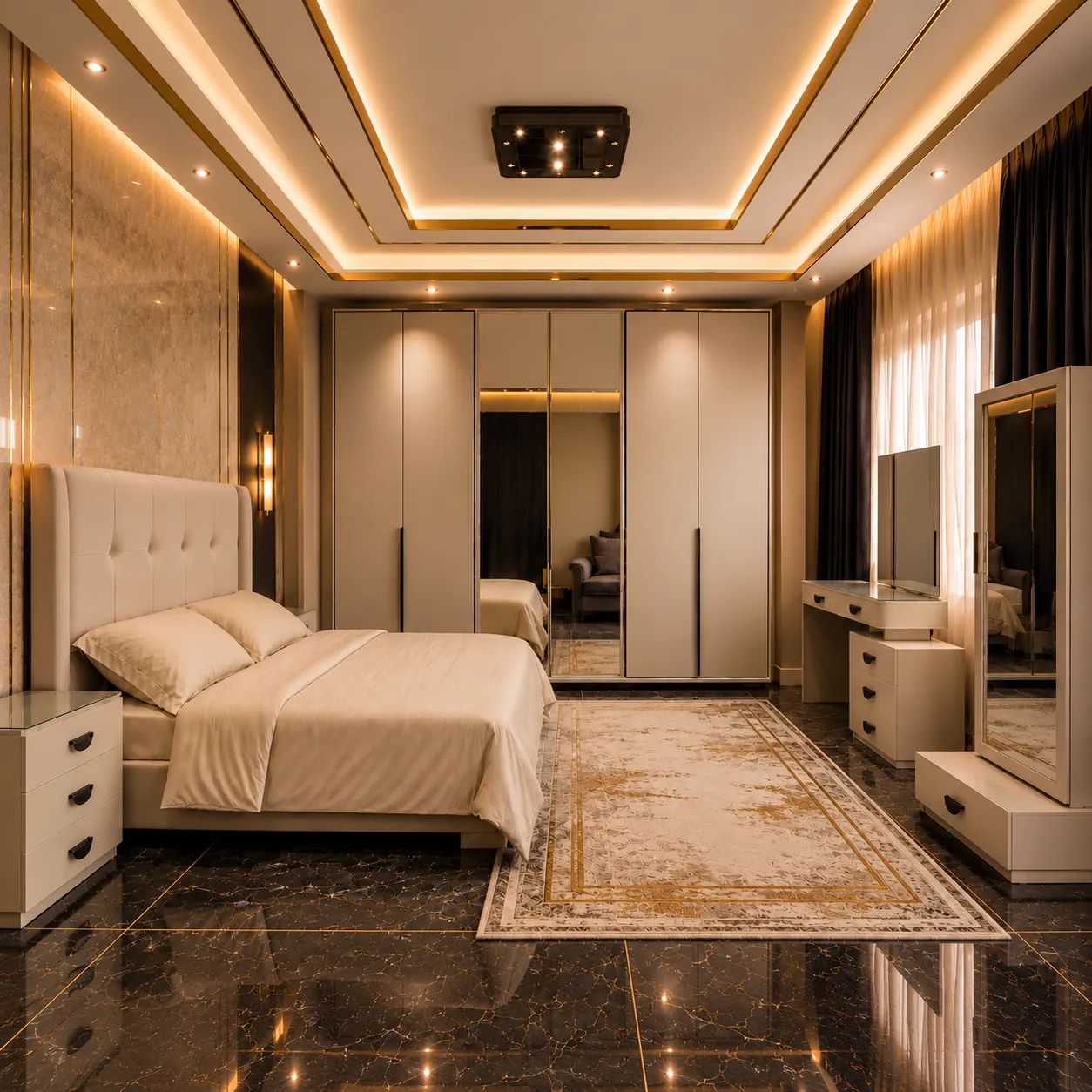 Alden cream bedroom with a padded headboard, mirrored wardrobe and matching dressing furniture