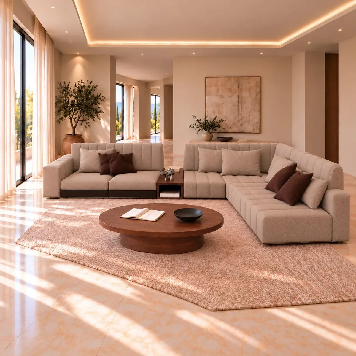 Corner sofa design with channelled back cushions, first sofa in the made-to-order two-sofa set