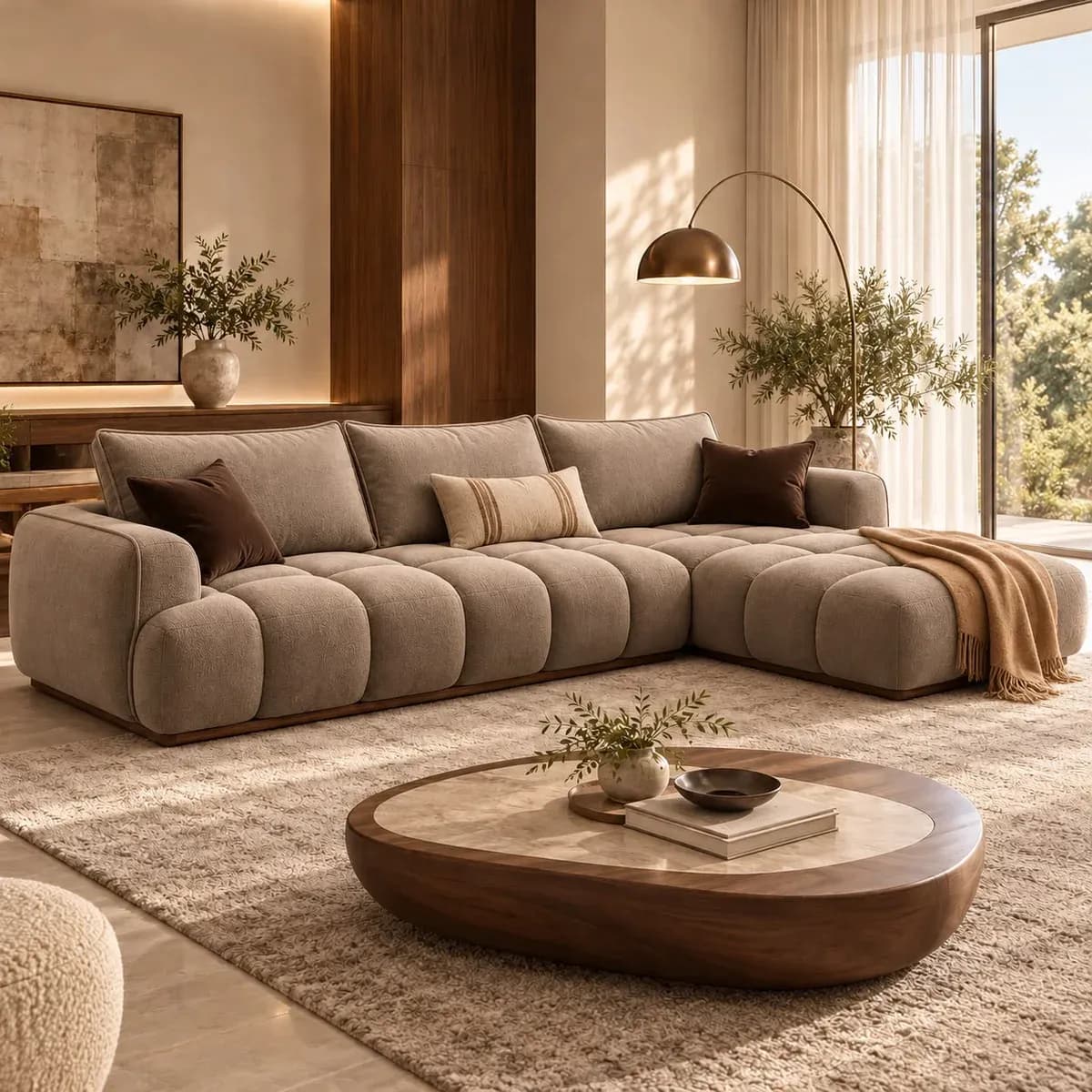 Sofa design with rounded arms and chaise-style seating, second sofa in the made-to-order two-sofa set